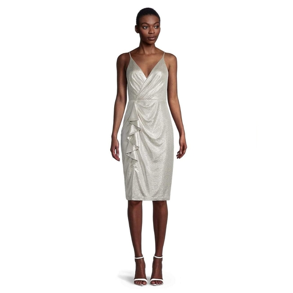 Eliza J Stretch Spaghetti Strap V-Neck Ruffle Sleeveless Dress - Picture 1 of 3